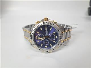CITIZEN TWO TONE STAINLESS CHRONOGRAPH WR100, 39.5MM BLUE DIAL, 0510-S055911